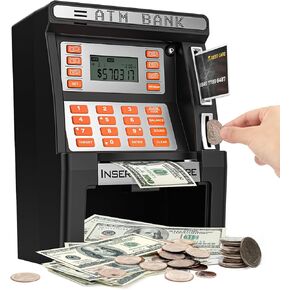 ATM Piggy Bank for Kids, Upgraded Power-Off Memory Function for Real Money Safe with Debit Card,Coin Recognition,Bill Feeder,Balance Calculator, Kids ATM Machine for Boys Girls