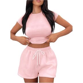 Milumia Women's 2 Piece Outfits Fitted Short Sleeve Tee and Drawstring Shorts Sets