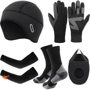 5 Pcs Winter Cycling Warm Accessories Skull Cap Helmet Liner, Shoe Covers, Socks, Gloves Arm Warmer for Men Women