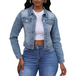 Women Trendy Jean Jacket Stretchy Cropped Denim Jacket Long Sleeve Button Down Denim Coat