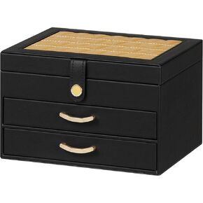 Black Jewelry Box Organizer: Home Decor for Women - 2-Drawer Holder for Valentine’s Day Birthday Christmas Black Pink