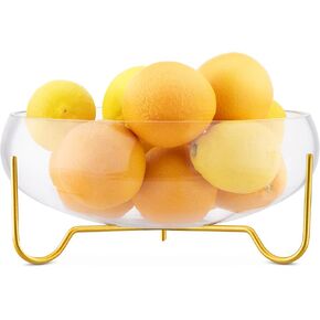 Navaris Glass Fruit Bowl with Stand - Clear Round Centerpiece for Dining Table - Gold Tinted Metal Footed Salad Bowl - for Serving or as Decorative Display