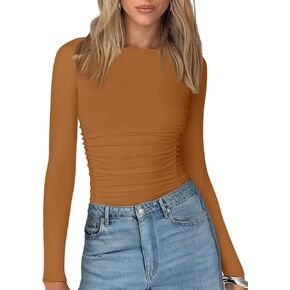 PINKMSTYLE Womens Classic Crew Neck Double Lined Long Sleeve Bodysuit Ruched Slim Fitted Fashion Going Out Fall Tops