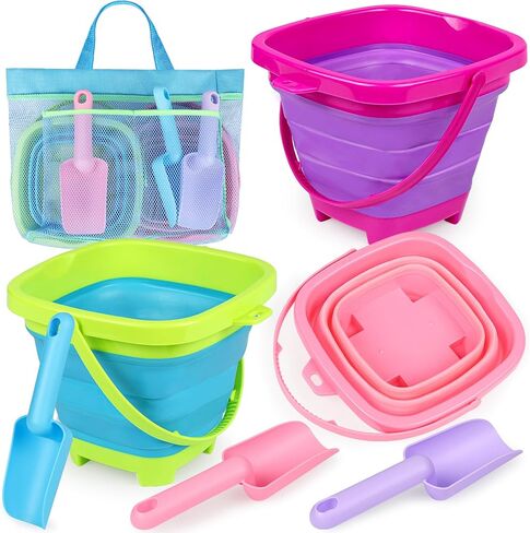 Collapsible Beach Buckets for Kids, Foldable Sand Buckets and Shovels with Mesh Beach Bag, Silicone Beach Sand Pails for Beach Travel, Beach Toys Sand Toys for Kids & Toddlers (2 Buckets) in Saudi Arabia
