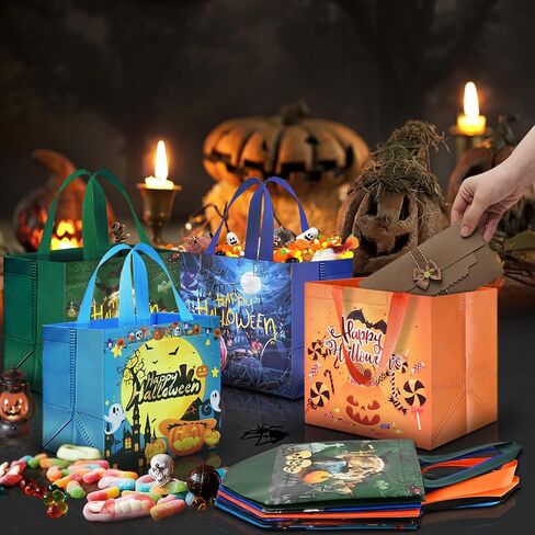 AhfuLife 6 Pcs Halloween Trick or Treat Bags, Halloween Candy Tote Bags with Handles, Reusable Halloween Non-Woven Gift Bags for Halloween Party Supplies Favors (7.8×7.8×5.9’’) in Saudi Arabia
