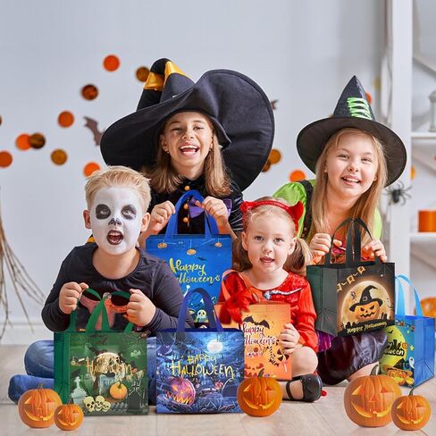 AhfuLife 6 Pcs Halloween Trick or Treat Bags, Halloween Candy Tote Bags with Handles, Reusable Halloween Non-Woven Gift Bags for Halloween Party Supplies Favors (7.8×7.8×5.9’’) in Saudi Arabia