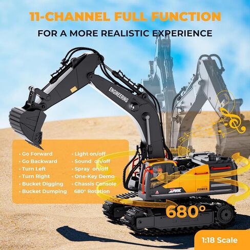 RC Excavator Toy for Boys -11CH Remote Control Excavator with Metal Shovel, Lights, Sound & Spray, 2×600mAh Rechargeable, 2.4Ghz RC Construction Vehicle, Digger Toys for Boys 3-5 4-7 8-12 in Saudi Arabia
