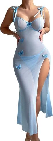 Sexy Butterfly Split Leg Underwire Sheer Mesh Maxi Lingerie Dress with Thong 2 Piece Set in Kuwait