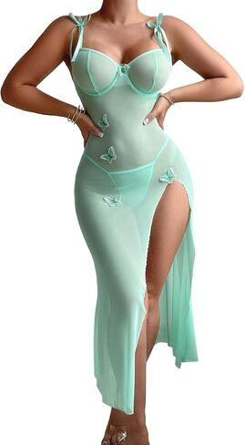 Sexy Butterfly Split Leg Underwire Sheer Mesh Maxi Lingerie Dress with Thong 2 Piece Set in Kuwait