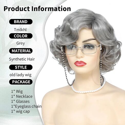 Tmlkhl Old lady wig and accessories 5 Pcs Short Old Lady Granny Curly Wig Grandma wig Halloween Party Wigs Halloween Party Wig in Saudi Arabia
