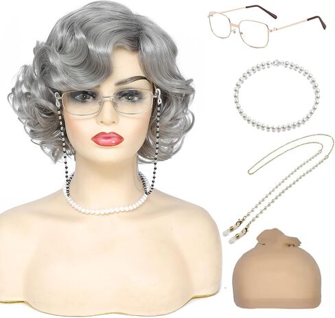 Tmlkhl Old lady wig and accessories 5 Pcs Short Old Lady Granny Curly Wig Grandma wig Halloween Party Wigs Halloween Party Wig in Saudi Arabia