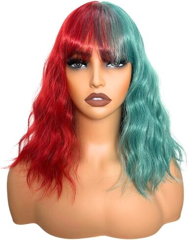 Green And Red Short Bob Wigs With Bangs Wavy Shoulder Length Wigs For Women Colorful Heit Resistant Synthetic Fiber Wigs For Girls Party Hallowenn Cosplay Use Halloween Wigs For Women in Kuwait