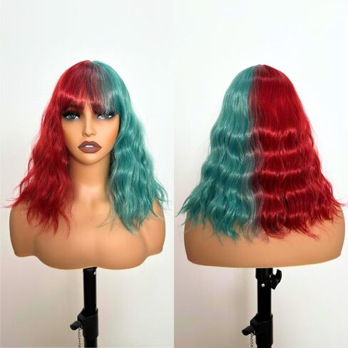 Green And Red Short Bob Wigs With Bangs Wavy Shoulder Length Wigs For Women Colorful Heit Resistant Synthetic Fiber Wigs For Girls Party Hallowenn Cosplay Use Halloween Wigs For Women in Kuwait