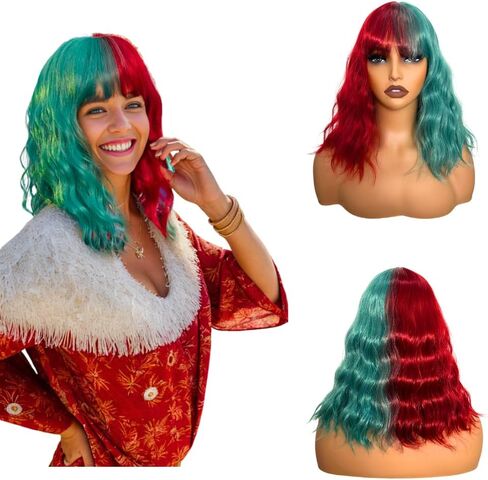 Green And Red Short Bob Wigs With Bangs Wavy Shoulder Length Wigs For Women Colorful Heit Resistant Synthetic Fiber Wigs For Girls Party Hallowenn Cosplay Use Halloween Wigs For Women in Kuwait