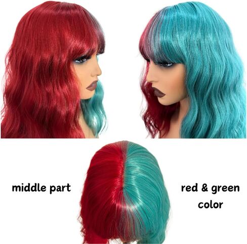Green And Red Short Bob Wigs With Bangs Wavy Shoulder Length Wigs For Women Colorful Heit Resistant Synthetic Fiber Wigs For Girls Party Hallowenn Cosplay Use Halloween Wigs For Women in Kuwait