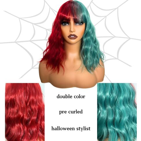 Green And Red Short Bob Wigs With Bangs Wavy Shoulder Length Wigs For Women Colorful Heit Resistant Synthetic Fiber Wigs For Girls Party Hallowenn Cosplay Use Halloween Wigs For Women in Kuwait