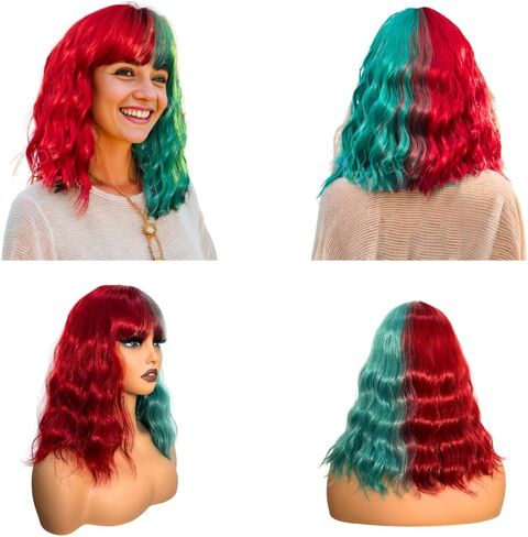 Green And Red Short Bob Wigs With Bangs Wavy Shoulder Length Wigs For Women Colorful Heit Resistant Synthetic Fiber Wigs For Girls Party Hallowenn Cosplay Use Halloween Wigs For Women in Kuwait