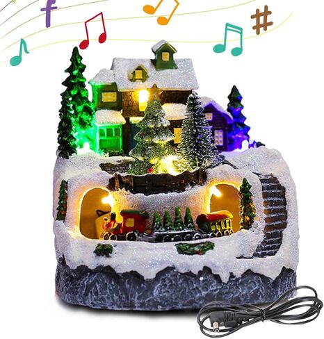 منزل قرية عيد الميلاد LED مضاء منزل عيد الميلاد الموسيقي مع قطار متحرك و8 موسيقى راتينج عيد الميلاد بناء منزل قابل للجمع لعطلة سنو غلوب ديكور منزلي لعيد الميلاد العتيق in Kuwait