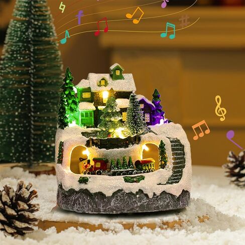 منزل قرية عيد الميلاد LED مضاء منزل عيد الميلاد الموسيقي مع قطار متحرك و8 موسيقى راتينج عيد الميلاد بناء منزل قابل للجمع لعطلة سنو غلوب ديكور منزلي لعيد الميلاد العتيق in Kuwait