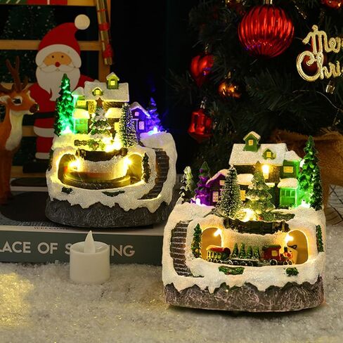 منزل قرية عيد الميلاد LED مضاء منزل عيد الميلاد الموسيقي مع قطار متحرك و8 موسيقى راتينج عيد الميلاد بناء منزل قابل للجمع لعطلة سنو غلوب ديكور منزلي لعيد الميلاد العتيق in Kuwait