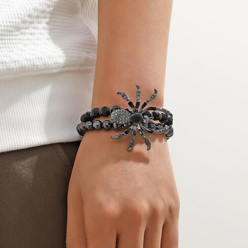Gothic Spider Bracelets Punk Spider Skull Bracelets Stacked Stretch Bracelets Black Beaded Bracelets Halloween Cosplay Party Costume Accessories in Kuwait