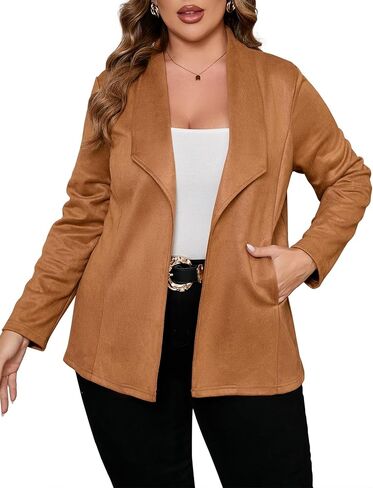 KOJOOIN Women Plus Size Faux Suede Jacket Cardigan Open Front Lapel Long Sleeves Cozy Blazer Coat with Pockets in Kuwait