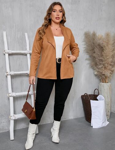 KOJOOIN Women Plus Size Faux Suede Jacket Cardigan Open Front Lapel Long Sleeves Cozy Blazer Coat with Pockets in Kuwait