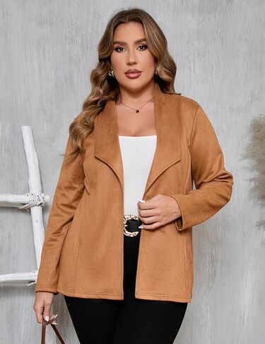 KOJOOIN Women Plus Size Faux Suede Jacket Cardigan Open Front Lapel Long Sleeves Cozy Blazer Coat with Pockets in Kuwait