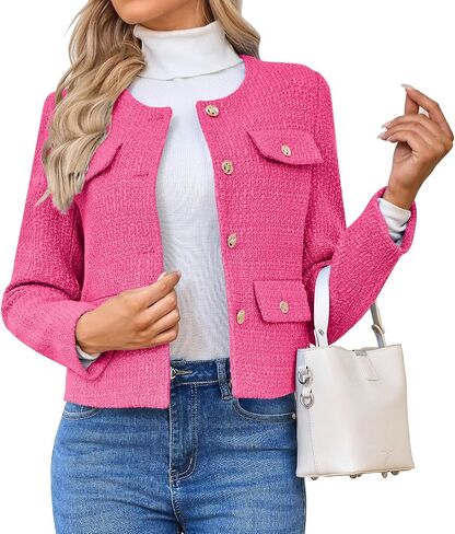 Women's Long Sleeve Cropped Tweed Coat with Pocket Elegant Slim Fit Work Office Business Short Tweed Blazer in Saudi Arabia