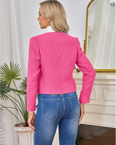 Women's Long Sleeve Cropped Tweed Coat with Pocket Elegant Slim Fit Work Office Business Short Tweed Blazer in Saudi Arabia