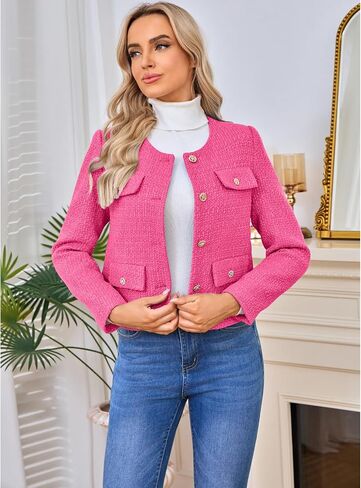 Women's Long Sleeve Cropped Tweed Coat with Pocket Elegant Slim Fit Work Office Business Short Tweed Blazer in Saudi Arabia