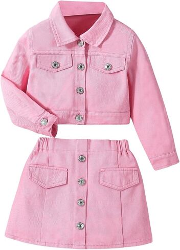 WDIRARA Girl's 2 Piece Outfits Button Front Long Sleeve Denim Jacket and A Line Skirt Set in Saudi Arabia