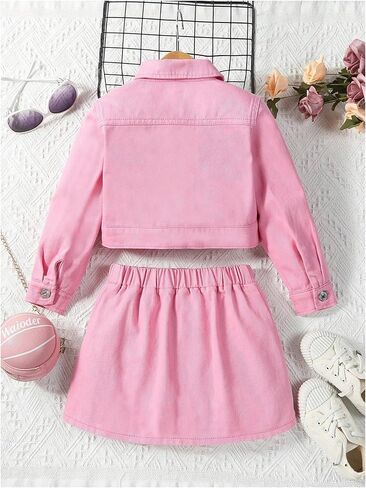 WDIRARA Girl's 2 Piece Outfits Button Front Long Sleeve Denim Jacket and A Line Skirt Set in Saudi Arabia