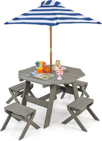 ARLIME Kids Wooden Octagon Table Set, Children Picnic Table w/ 4 Stools & Adjustable Umbrella, Outdoor Activity Table Furniture for Patio, Garden, Backyard, Gift for Kids Aged 3+ in Saudi Arabia