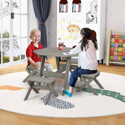 ARLIME Kids Wooden Octagon Table Set, Children Picnic Table w/ 4 Stools & Adjustable Umbrella, Outdoor Activity Table Furniture for Patio, Garden, Backyard, Gift for Kids Aged 3+ in Saudi Arabia
