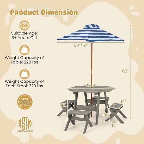 ARLIME Kids Wooden Octagon Table Set, Children Picnic Table w/ 4 Stools & Adjustable Umbrella, Outdoor Activity Table Furniture for Patio, Garden, Backyard, Gift for Kids Aged 3+ in Saudi Arabia