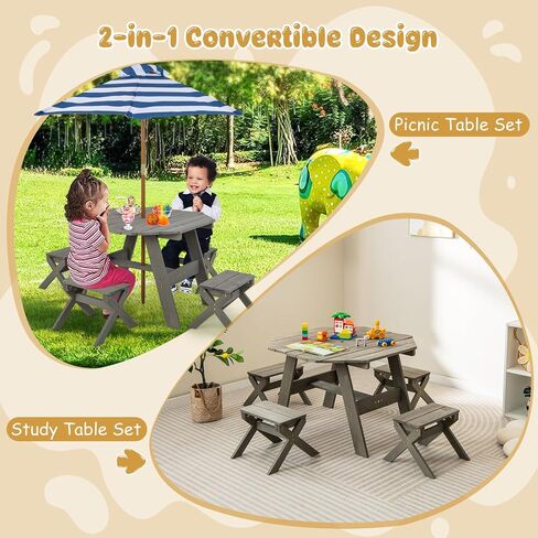 ARLIME Kids Wooden Octagon Table Set, Children Picnic Table w/ 4 Stools & Adjustable Umbrella, Outdoor Activity Table Furniture for Patio, Garden, Backyard, Gift for Kids Aged 3+ in Saudi Arabia