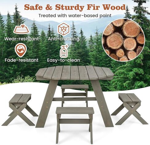 ARLIME Kids Wooden Octagon Table Set, Children Picnic Table w/ 4 Stools & Adjustable Umbrella, Outdoor Activity Table Furniture for Patio, Garden, Backyard, Gift for Kids Aged 3+ in Saudi Arabia