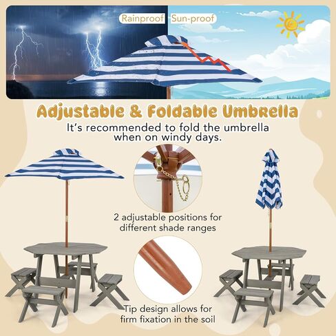 ARLIME Kids Wooden Octagon Table Set, Children Picnic Table w/ 4 Stools & Adjustable Umbrella, Outdoor Activity Table Furniture for Patio, Garden, Backyard, Gift for Kids Aged 3+ in Saudi Arabia