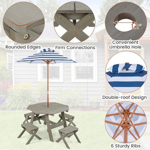 ARLIME Kids Wooden Octagon Table Set, Children Picnic Table w/ 4 Stools & Adjustable Umbrella, Outdoor Activity Table Furniture for Patio, Garden, Backyard, Gift for Kids Aged 3+ in Saudi Arabia