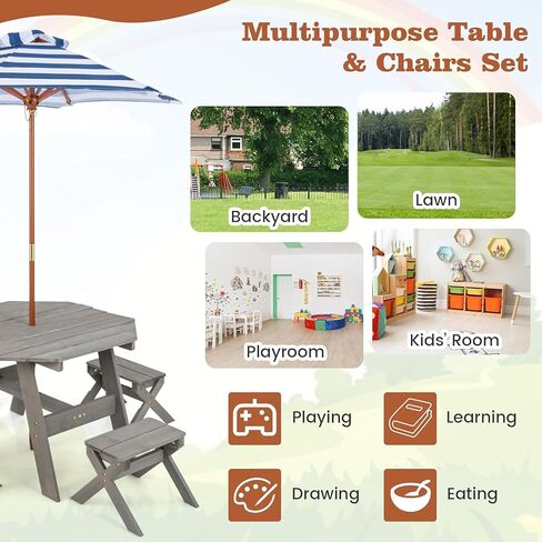 ARLIME Kids Wooden Octagon Table Set, Children Picnic Table w/ 4 Stools & Adjustable Umbrella, Outdoor Activity Table Furniture for Patio, Garden, Backyard, Gift for Kids Aged 3+ in Saudi Arabia