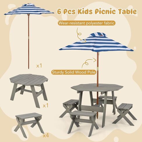 ARLIME Kids Wooden Octagon Table Set, Children Picnic Table w/ 4 Stools & Adjustable Umbrella, Outdoor Activity Table Furniture for Patio, Garden, Backyard, Gift for Kids Aged 3+ in Saudi Arabia