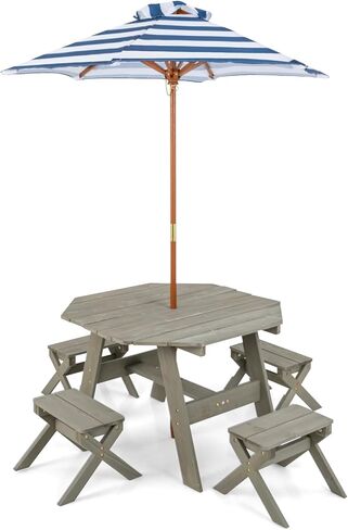 ARLIME Kids Wooden Octagon Table Set, Children Picnic Table w/ 4 Stools & Adjustable Umbrella, Outdoor Activity Table Furniture for Patio, Garden, Backyard, Gift for Kids Aged 3+ in Saudi Arabia