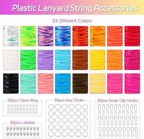 سلسلة حبل بلاستيكية من QUEFE، 24 لفة من حبل ربط بلاستيكي وإكسسوارات حبل سلسلة مفاتيح، مجموعة نسيج سلسلة Gimp لحرف سلسلة المفاتيح والأساور وأحبال التعليق in Kuwait