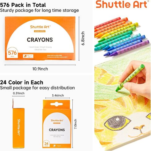 Shuttle Art Crayons Bulk Set - 24 Boxes of 24 Assorted Colors, 576 Count Durable & Non-Toxic Teacher-Quality Crayons, School Supplies bulk in Crayons For Family Class Party Favors in Saudi Arabia