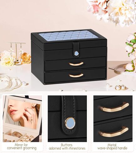 Black Jewelry Box Organizer: Home Decor for Women - 2-Drawer Holder for Valentine’s Day Birthday Christmas Black Pink in Kuwait