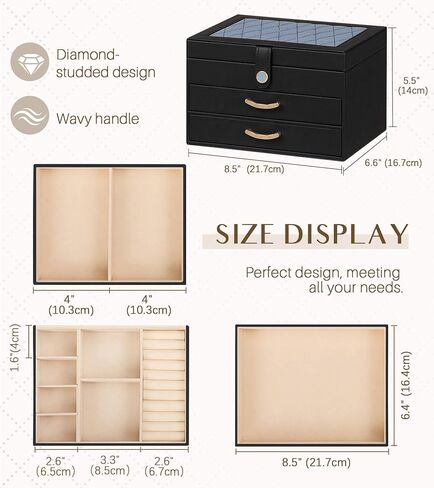 Black Jewelry Box Organizer: Home Decor for Women - 2-Drawer Holder for Valentine’s Day Birthday Christmas Black Pink in Kuwait