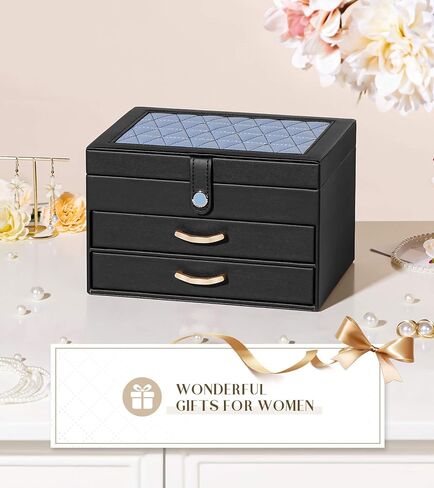 Black Jewelry Box Organizer: Home Decor for Women - 2-Drawer Holder for Valentine’s Day Birthday Christmas Black Pink in Kuwait