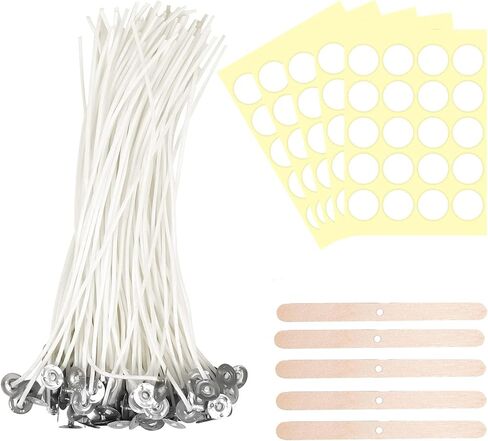Candle Wicks 100 Pcs 6 inch with 100Pcs Candle Wick Stickers and 5 Pcs Wooden Candle Wick Centering Device for Soy Beeswax Candle Making and Candle DIY, White in Saudi Arabia