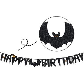 Happy Birthday Banner for Halloween Themed Birthday Party Decor -Black Glitter Happy Birthday Banner Sign for Kids Adult Birthday Party Decorations Supplies